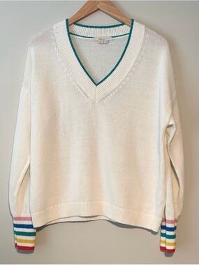 Boden Bamburgh Women's White linen cotton Sweater with Striped Cuffs size 10